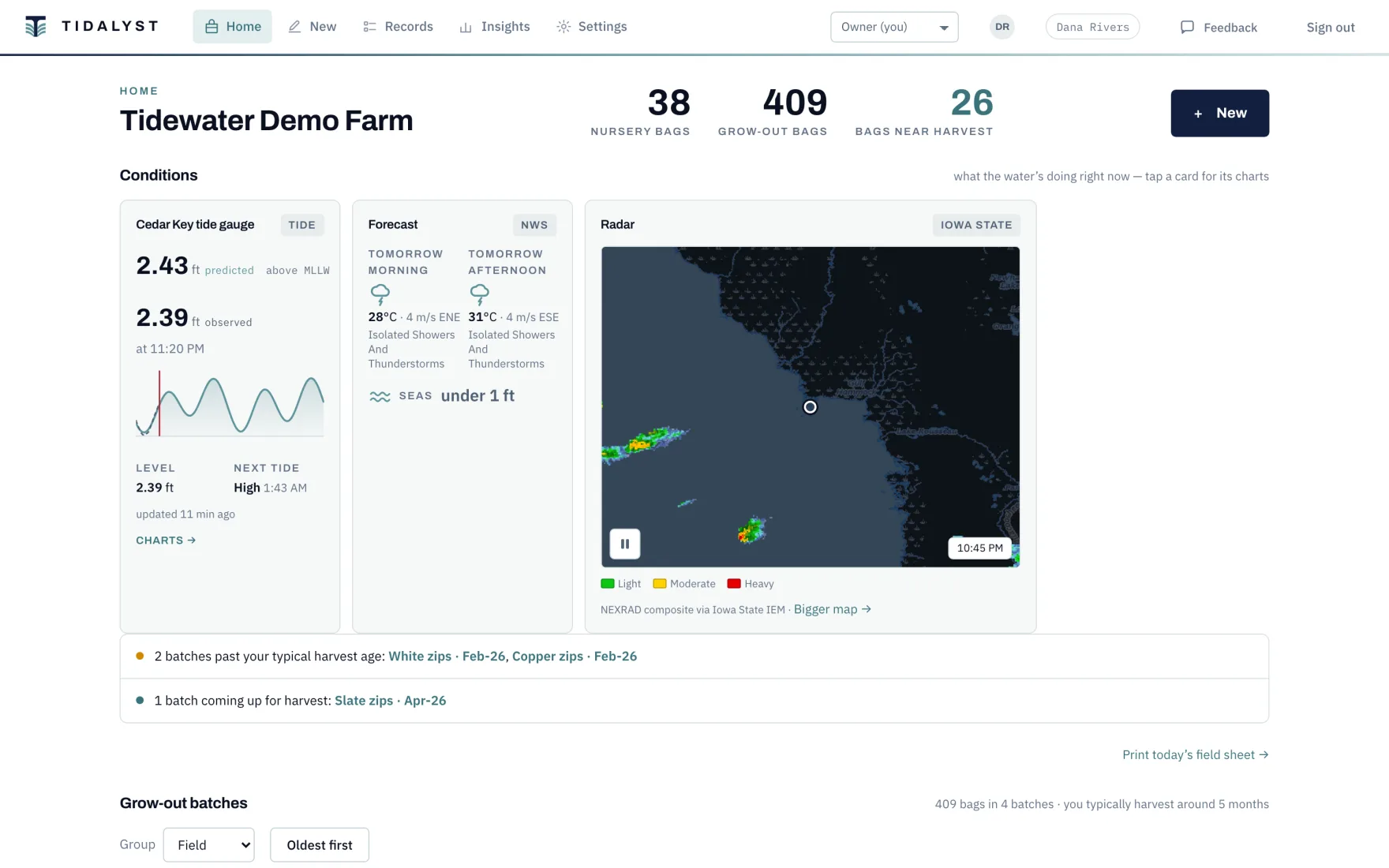 The Tidalyst home screen: 38 nursery bags, 409 grow-out bags and 26 bags near harvest across the top, then tide, forecast and radar cards, then the grow-out batches list.